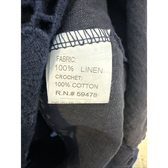 Bellambia 100% Linen Dress Size 2X Plus Short Sleeve Navy Blue Crochet Hem Boho - Picture 10 of 14